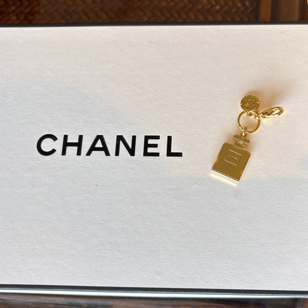 CHANEL Gold Perfume Bottle Pendant AND CHANEL Black Box